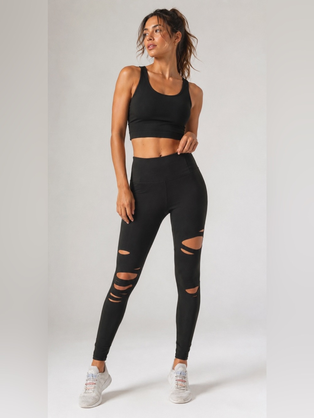 Mona B Black Laser- Cut “Shredded” High-Waist Performance Leggings Size M - NWT